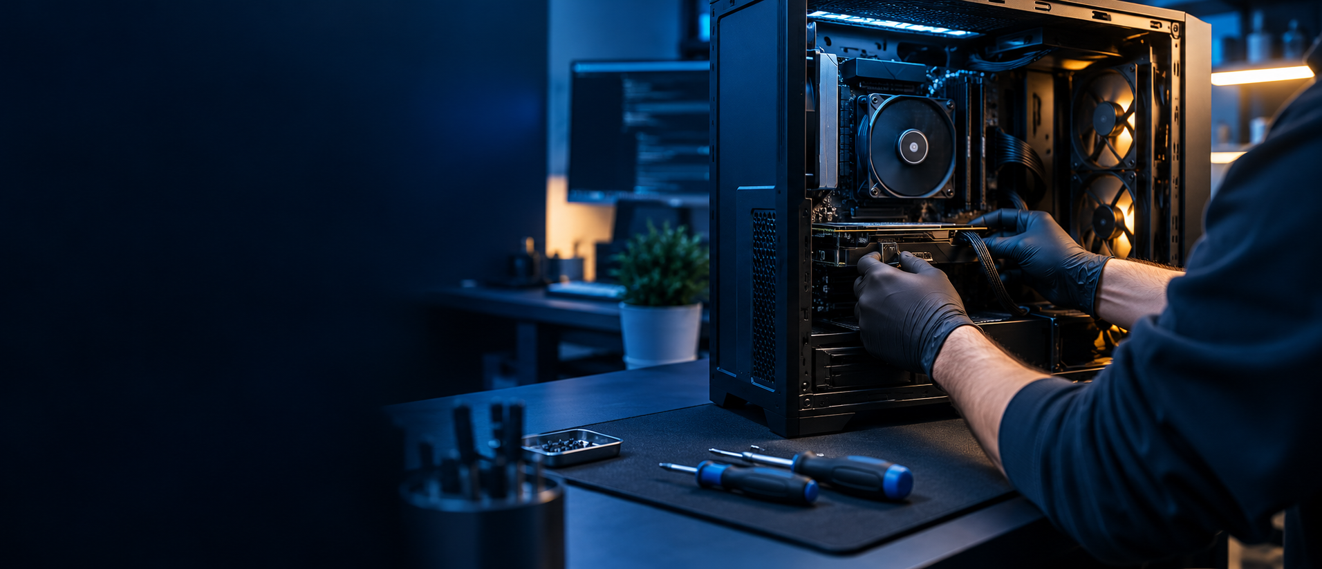 Técnico a reparar cuidadosamente um computador